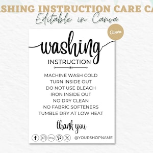 Washing Instructions Care Card I Editable Canva Template I Etsy Shop Tshirt Insert Card I Printable Packaging Insert I Small Business Card