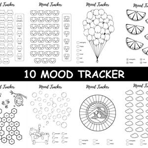 Peut inclure: Dix modèles de suivi d'humeur imprimables en noir et blanc. Chaque suivi présente un design différent, notamment des chats, des chiens, des abeilles, des nuages, des ballons et des bulles. Les suivis sont intitulés "Mood Tracker" et comprennent une échelle d'émotions : énergique, heureux, ok, fatigué, triste et en colère.
