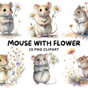 Mouse and Flower Clipart | 15 Flower mouse clipart PNG | watercolor mouse | Mouse Clipart | Floral Cute Mouse PNG | Lovely Mouse Clipart.