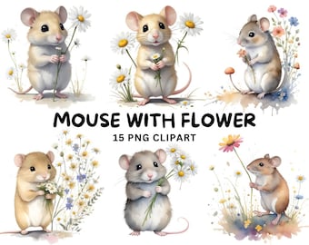 Mouse and Flower Clipart | 15 Flower mouse clipart PNG | watercolor mouse | Mouse Clipart | Floral Cute Mouse PNG | Lovely Mouse Clipart.