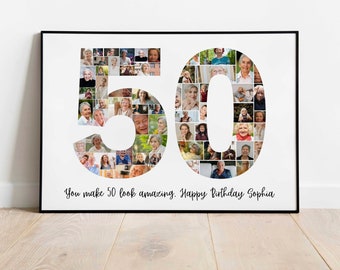 50. Geburtstag Foto Collage Vorlage, personalisiertes Geschenk zum 50. Geburtstag für Frauen, Ihn, Mutter, Zahlen Collage, Familien Geschenk, Geburtstagsgeschenk, Canva