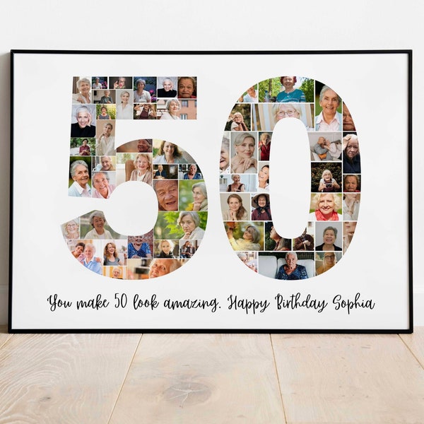 Modèle de collage photo 50e anniversaire, cadeau 50e anniversaire personnalisé pour femme, lui, maman, collage de chiffres, cadeau de famille, cadeau d'anniversaire, toile