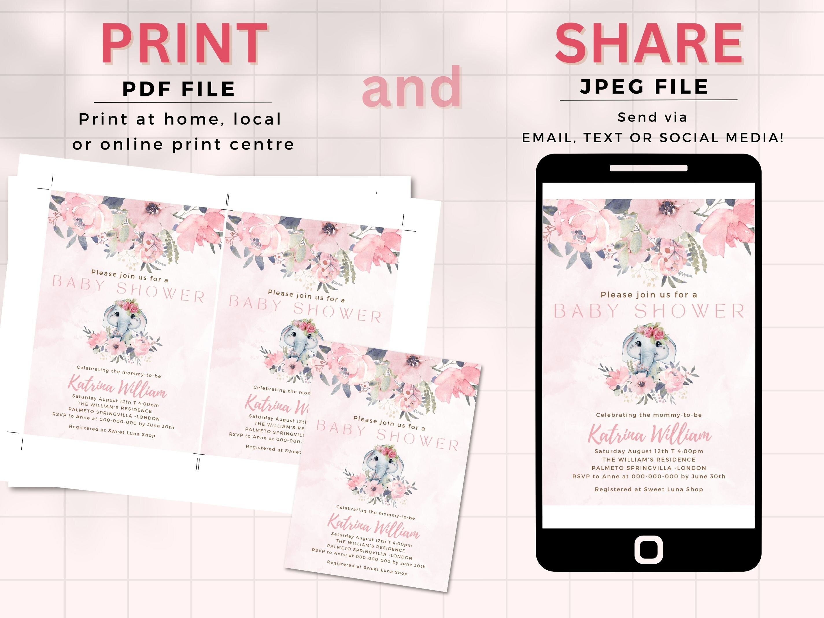 EDITABLE Blush Pink Rose Gold Elephant Baby Shower Invitation Girl Baby ...