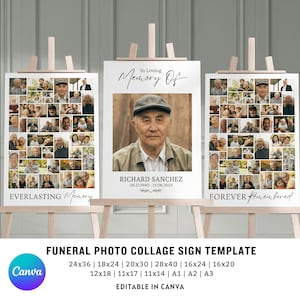 Könnte beinhalten: Vorlage für ein Trauer-Foto-Collage-Schild mit einem schwarz-weißen Design. Die Vorlage enthält eine Fotocollage einer Person, den Text "In Loving Memory Of", den Namen der Person, die Daten und den Text "Everlasting Memory" und "Forever Remembered". Die Vorlage ist in verschiedenen Größen erhältlich, darunter 24x36 Zoll, 18x24 Zoll, 20x30 Zoll, 28x40 Zoll, 16x24 Zoll, 16x20 Zoll, 12x18 Zoll, 11x17 Zoll, 11x14 Zoll, A1, A2 und A3. Die Vorlage ist in Canva bearbeitbar.