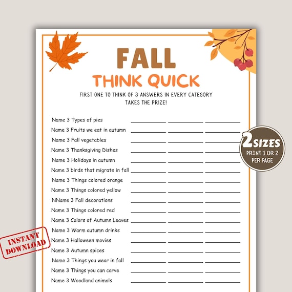 Fall Think Fast Game, autumn party game, Autumn Game for Adults & Kids, Think Quick Trivia Game, fall holiday game, Fun Autumn Games.