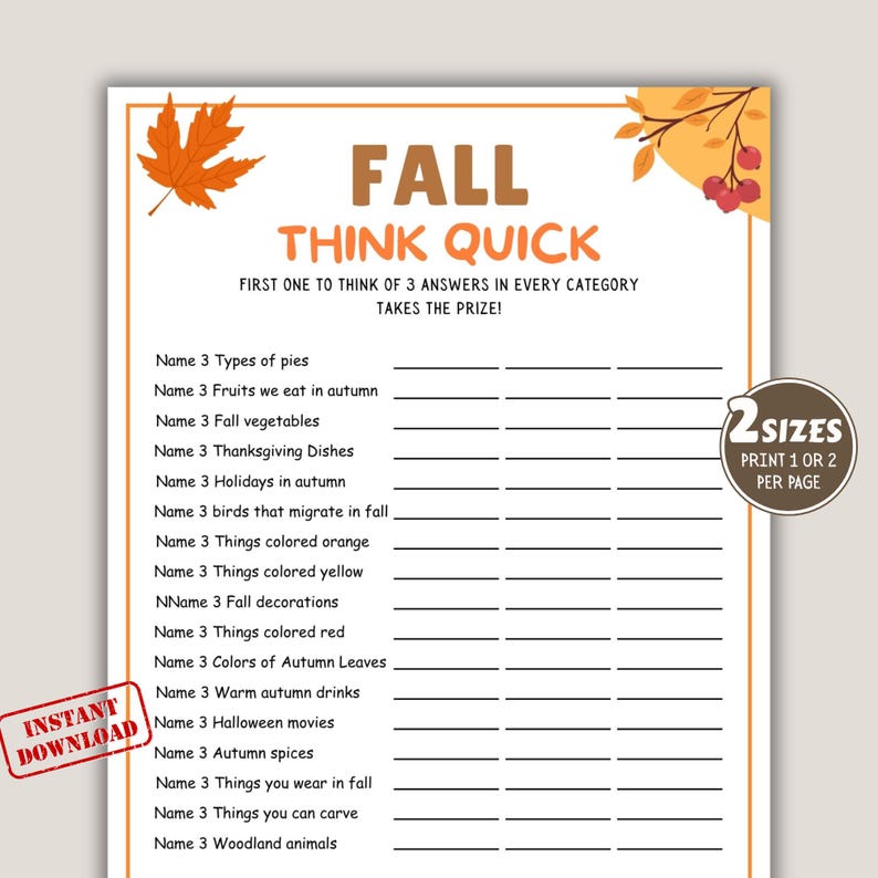 Fall Think Fast Game, Fall Which Came First, fall Season, autumn party game, Autumn Match Up Trivia Game, family game activity, fall holiday games, Game night, Think Quick Trivia Game.