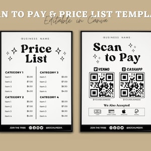 Retro Scan to Pay Schild & Preisliste Vorlage, QR-Code-Zeichen, druckbares Zahlungsschild, Zeichen für akzeptierte Zahlungen, Preisblatt, Preisführer Canva