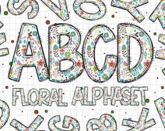 Floral Alphabet Letters PNG, Summer Mother's Day Flower Watercolor, Hand Drawn Doodle, Sublimation Alpha Set Designs PNG, Floral Letters PNG
