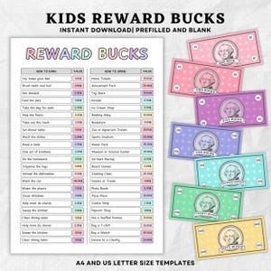 Puede incluir: Vales de recompensa para niños imprimibles en varias denominaciones, de uno a cincuenta dólares. El diseño incluye una lista de tareas y actividades para ganar vales, y una lista de recompensas para gastarlos. Incluye plantillas A4 y US Letter.