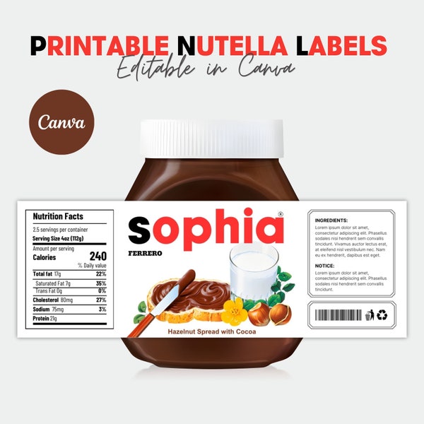 PRINTABLE Personalized NUTELLA Jar Label Digital File, Nutella Label Printable, Make UNLIMITED Nutella Labels, Instant online Nutella Jar