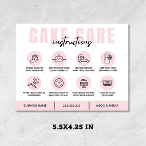 Cake Care Cards Bundle, Editable Cake Cutting Guide Cards, Printable Cake Business Thank You, Cake Business Packaging Canva Template.
