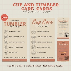 Tumbler Cup Care Instructions Card, Mug, Small Business Supplies, Thank You Card, Washing Instructions, Canva Editable Template, Printable