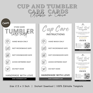 Tumbler Cup Care Instructions Card, Mug, Small Business Supplies, Thank You Card, Washing Instructions, Canva Editable Template, Printable