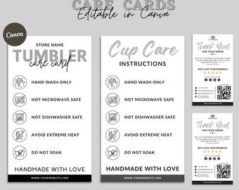 Tumbler Cup Care Instructions Card, Mug, Small Business Supplies, Thank You Card, Washing Instructions, Canva Editable Template, Printable