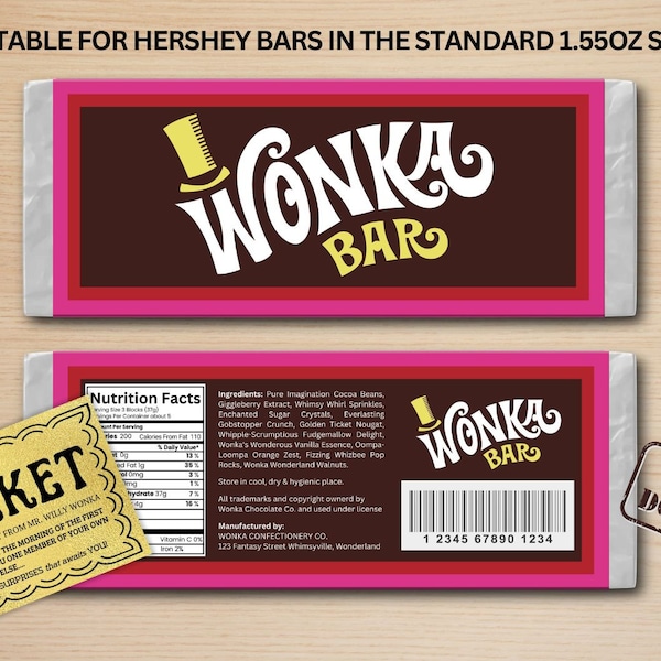 Wonka Chocolate Bar Label - Digital PDF for Hershey's 1.55oz - DIY Wrapper, Party Favor, Halloween, Birthday, Wedding, Chocolate wrapper.