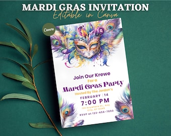 May include: A Mardi Gras party invitation with a watercolor illustration of a colorful mask with peacock feathers. The text reads "Join Our Krewe For a Mardi Gras Party Hosted By The Jordon's February 14 7:00 PM 123 Anywhere St., Any city, ST 12345 RSVP at 123-456-7890"