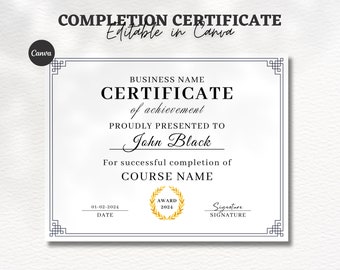 Certificate Of Completion Template, Printable achievement Certificate, Editable Training Certificate Template, Diploma Template, Canva Edit.