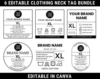 Paquete de etiquetas de ropa editables, etiquetas para el cuello de camisetas, etiquetas de cuidado de prendas DIY, etiquetas de ropa personalizadas, instrucciones de lavado, plantilla de Canva