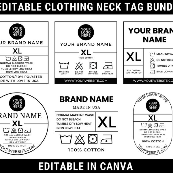 Bewerkbare kledingtagbundel, T-shirt neklabeltag, DIY kledingverzorgingstag, aangepaste kledingtags, wasinstructies, Canva-sjabloon