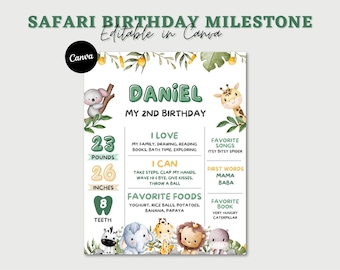 May include: A green and yellow safari-themed birthday milestone chart for a child named Daniel turning two. The chart includes details like weight, height, teeth, favorite foods, songs, and books. It features cute animal illustrations.