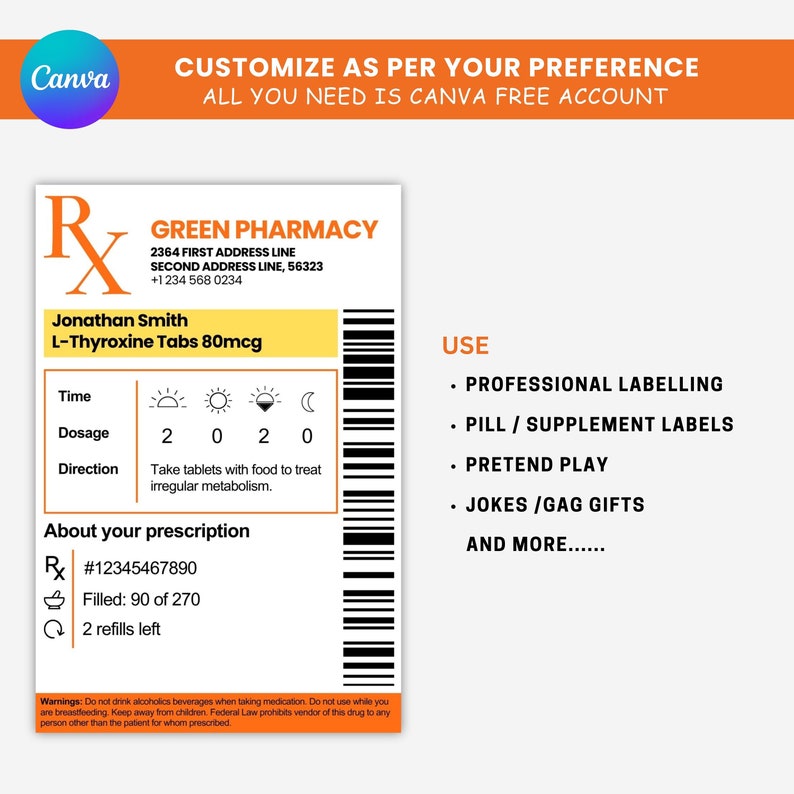 Prescription Label Template, Editable RX Bottle Label Template, Party