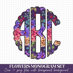 Flowers Monogram Full Alphabet Individually Saved Monogram Letters, Circle Monogram Scalloped Round Left Middle & Right, Doodle Letters PNG