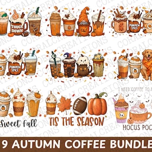 Op de afbeelding: Negen herfst-thema koffiemok ontwerpen met verschillende herfst elementen zoals pompoenen, bladeren en koffiemokken. De ontwerpen bevatten zinnen zoals "Fall Sweet Fall", "Tis the Season" en "Hocus Pocus".