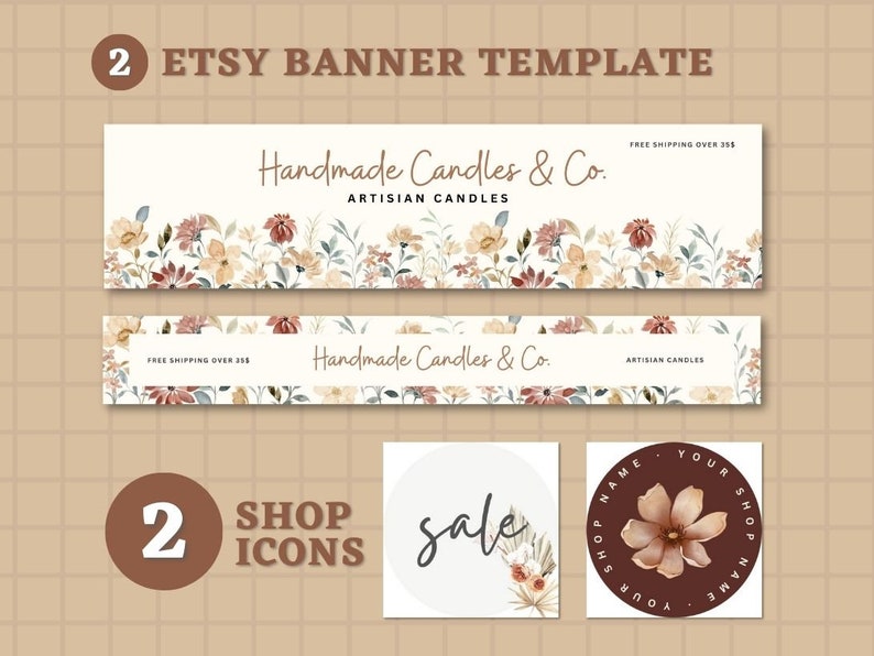 Puede incluir: Plantilla de banner de Etsy con un dise&ntilde;o floral y el texto "Handmade Candles & Co. Artisan Candles". Se muestran dos iconos de tienda debajo del banner, uno con la palabra "sale" y el otro con el texto "Your Shop Name".