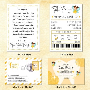 May include: A set of Tooth Fairy themed stationery, including a letter, receipt, envelope, and certificate. The letter is addressed to Sophia, and the receipt shows a payment of $5.00. The envelope is labeled "Fairy Mail".