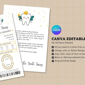 Editable Tooth Fairy Receipt Printable Certificate, Tooth Fairy Printable, Realistic Tooth Fairy Letter, Kids Tooth Fairy Letter, Lost Tooth