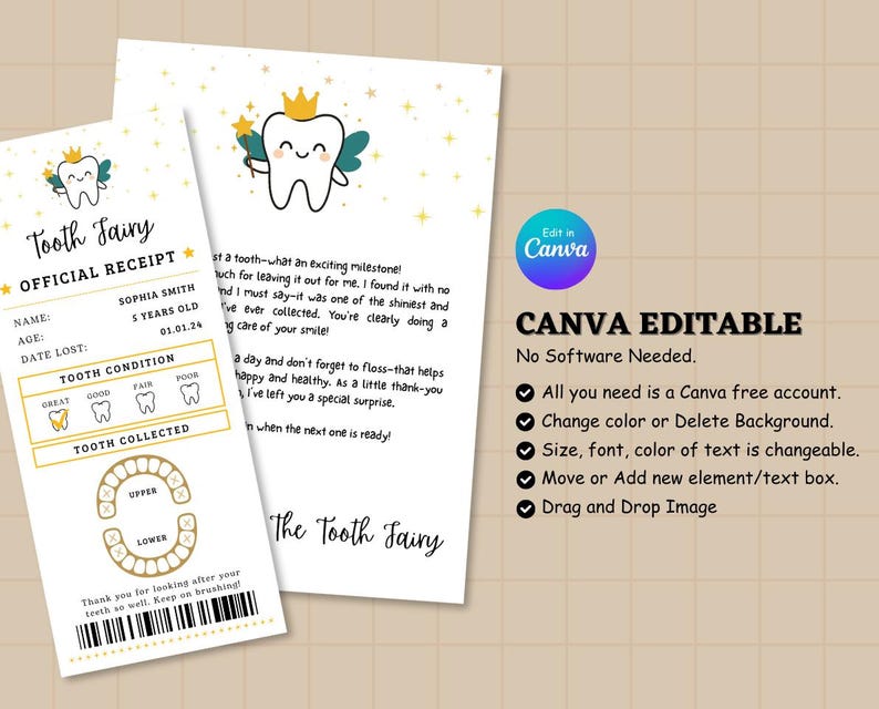 Editable Tooth Fairy Receipt Printable Certificate, Tooth Fairy Printable, Realistic Tooth Fairy Letter, Kids Tooth Fairy Letter, Lost Tooth