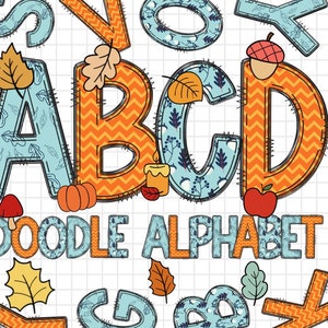 Fall Doodle letters with Clip Art, Hand Drawn Doodle Alpha Bundle, Autumn Leaves Pumpkin Sublimation Font PNG, Patterned Numbers Alphabet