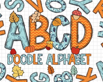 Può includere: Un alfabeto colorato con un design in stile doodle. Le lettere sono A, B, C e D. Le lettere sono decorate con motivi a tema autunnale, come foglie, zucche e ghiande. Il testo "Doodle Alphabet" è scritto sotto le lettere.