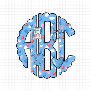 Peut inclure: Un monogramme bleu et blanc avec un stéthoscope, un cœur, un dossier médical et un haut de blouse bleu. Le monogramme est entouré d'un motif de pilules et de capsules.
