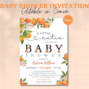 Modificabile Un piccolo cutie è in arrivo Greenery Orange Gender Neutral Couples Baby Shower Invitation Template, Canva Modificabile