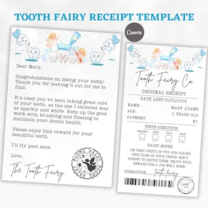 Carta da fada do dente e recibo da fada do dente, acessório de travesseiro da fada do dente, impressão editável da fada do dente, certificado do primeiro dente, Canva.