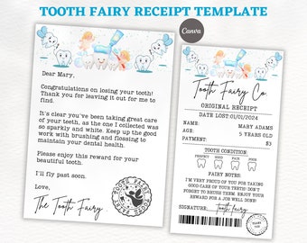 Tooth Fairy Letter and Tooth fairy Receipt, Tooth fairy pillow accessory, Editable Tooth Fairy Printable, First Tooth Certificate, Canva.