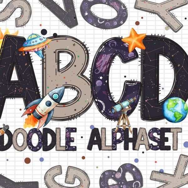 Outer Space Doodle Letters, Space Alphabet, Boys Alphabet PNG, Space Doodle Letters, Astronaut Clip Art, Cute Kid Alphabet, Space Alphabet