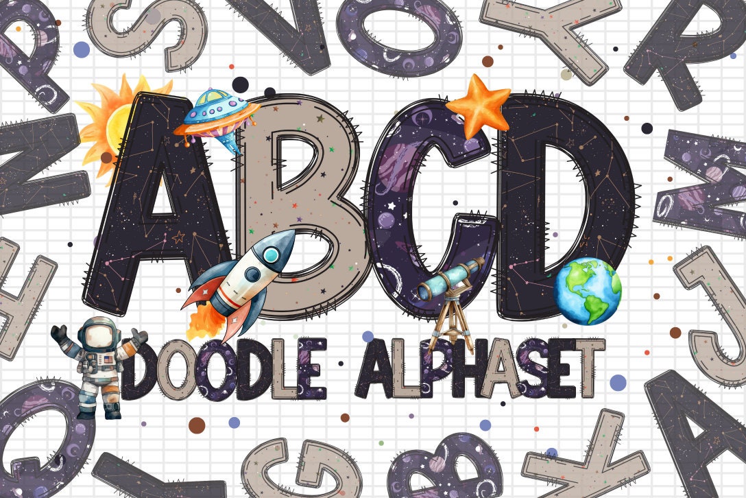 Outer Space Doodle Letters, Space Alphabet, Boys Alphabet PNG, Space ...