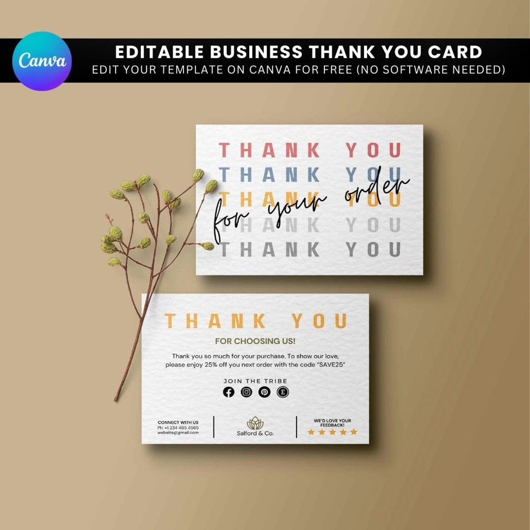 Editable Small Business Thank You Card Canva Template, Printable Boho ...