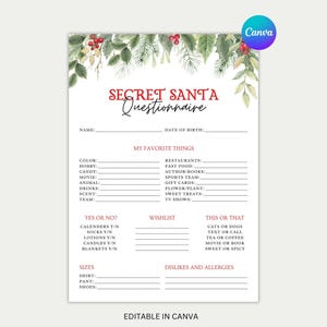 Geheime Schwestern-Umfragevorlage, Urlaub Wunschliste Form, Weihnachtsgeschenk Börse, Weihnachts Lieblings Sache Fragebogen, geheime Weihnachtsmann Form.
