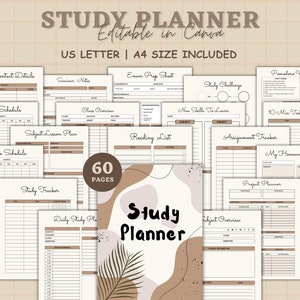 Op de afbeelding: Een printbare studieplanner met 60 pagina's, met een bruin en wit abstract ontwerp met een palmblad. De planner bevat pagina's voor lesroosters, vaklessen, examenvorbereiding, leeslijsten, studie-uitdagingen, nieuwe vaardigheden om te leren, pomodoro-werkbladen, 10 minuten taken, toewijzingsvolgers, huiswerkvolgers, projectplanners, studievolgers en dagelijkse studieplannen.