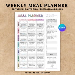 Può includere: Un pianificatore settimanale dei pasti con sfondo bianco, con un layout dettagliato per colazione, pranzo e cena, insieme a una lista della spesa. Il pianificatore include il testo "WEEKLY MEAL PLANNER" e "MEAL PLANNER". Il documento è in formato A4, A5 o US Letter.