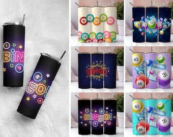 May include: Set of nine 20 oz. stainless steel tumblers with various designs featuring neon signs, bingo balls, and bingo cards. The designs include the words "Bingo!" and "Bingo" with neon lights, and colorful bingo balls with numbers.