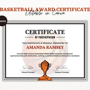 Bearbeitbare Basketball Zertifikatsvorlage - Druckbare Zertifikatsvorlage - Basketball Zertifikatsvorlage Personalisiertes Diplom Zertifikat