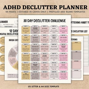 Peut inclure: Planificateur de désencombrement ADHD de 44 pages, modifiable dans Canva. Comprend des défis quotidiens, numériques sur 12 jours et de désencombrement sur 30 jours, ainsi qu'un suivi des habitudes de désencombrement. Modèles préremplis et vierges. Format A4.