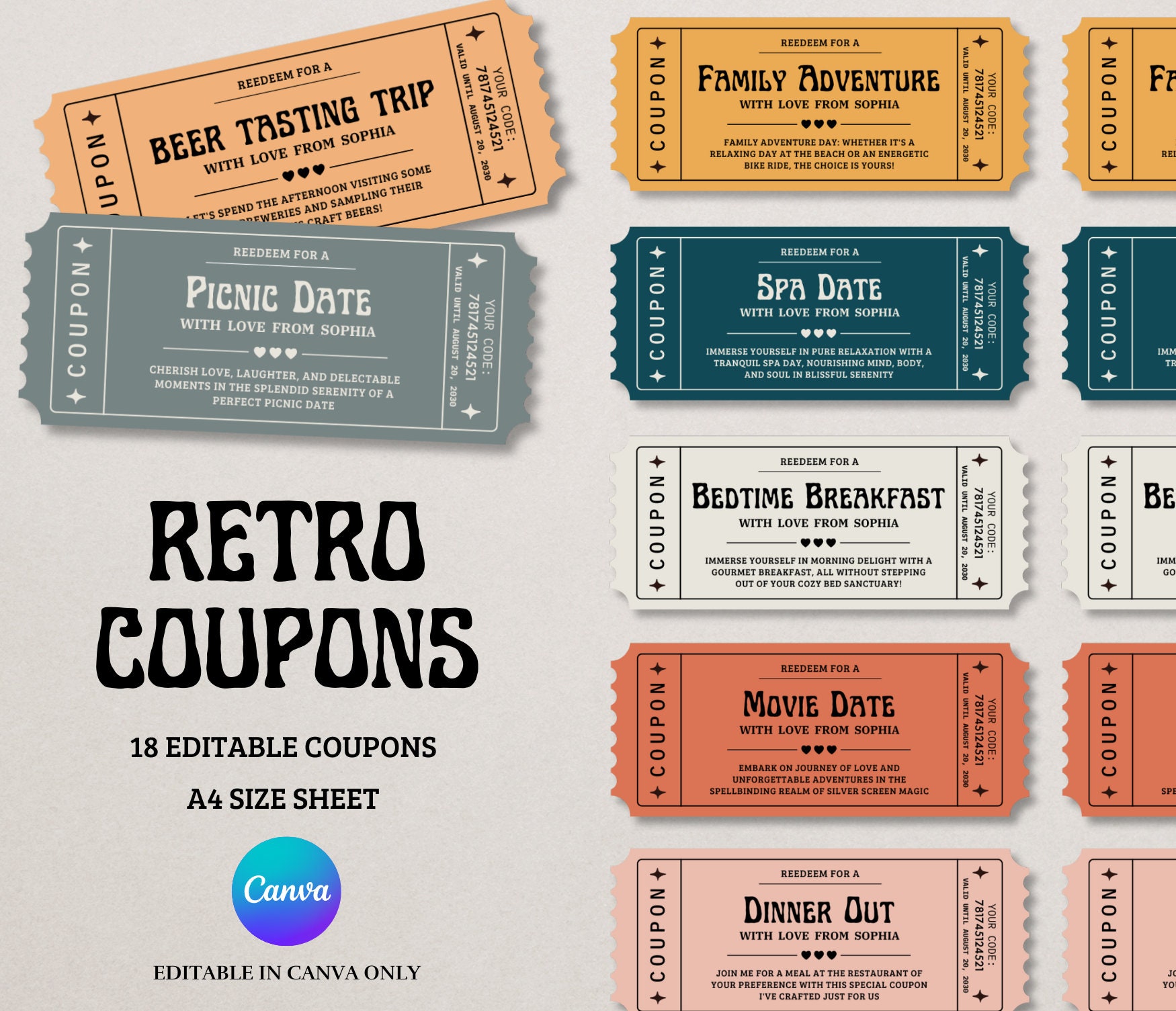Retro Editable Coupon Template, Last Minute Gift, Printable Birthday Coupons, Coupon Book Template Mother's Day Coupons, Love Coupons.
