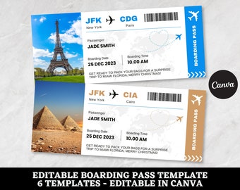 Modèle canva modifiable de carte d'embarquement, billet d'avion imprimable, voyage surprise avec carte d'embarquement, billet d'embarquement DIY à télécharger.