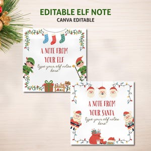 May include: Two square Christmas-themed cards with text. One says "A NOTE FROM YOUR ELF" and the other says "A NOTE FROM YOUR SANTA". Both cards have festive illustrations of elves, Santa, and holiday decorations.
