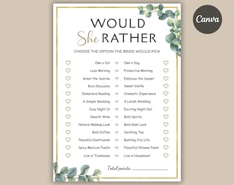 Would She Rather Bridal Shower Game, Who Knows the Bride Best, Guess Who Said It, Would Bride Rather, Eucalyptus Would She Rather.